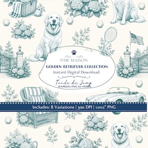 Könnte beinhalten: Ein nahtloses Muster mit türkisfarbenen Illustrationen von Golden Retrievern, Korbstühlen, Tennisschlägern, Hortensien und einem Cabrio auf cremefarbenem Grund. Der Text lautet PAW MAISON GOLDEN RETRIEVER COLLECTION Instant Digital Download.