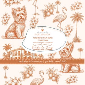 Könnte beinhalten: Ein digitales Muster mit orangefarbenen Illustrationen von Hunden, Flamingos, Palmen und Blumen. Der Text lautet: PAW MAISON, MALTIPOO LUNA ROME COLLECTION, Instant Digital Download, Toile de Jouy, SEAMLESS PNG for FABRIC, Includes: 8 Variations | 300 DPI | 30,48x30,48 cm PNG.