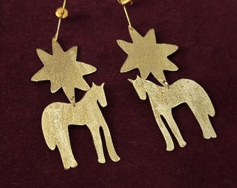 Horse Earring Brass - Horse Handmade Brass - Statement Earrings - Wearable Art
