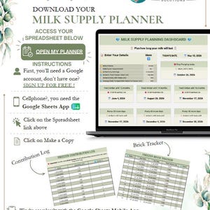 Puede incluir: Una hoja de cálculo digital para planificar el suministro de leche en la pantalla de un portátil, con un panel de control para el seguimiento, registros de contribución al congelador y rastreadores de bloques, con instrucciones de Google Sheets.