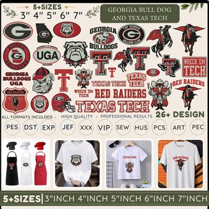 May include: A collection of collegiate-themed designs featuring the Georgia Bulldogs and Texas Tech Red Raiders. Includes logos, mascots, and text elements, along with examples of apparel like t-shirts and aprons. Sizes range from 3 to 7 inches.