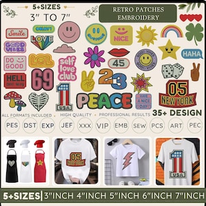 Trendy Patch Embroidery Designs Bundle, Retro Hat Patch Machine Embroidery Files, Y2K Smiley Face Patches, Instant Download Pes Dst 5+Sizes