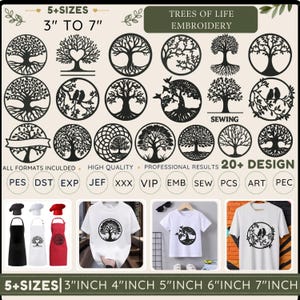 Può includere: Una collezione digitale di oltre 20 ricami dell'albero della vita in dimensioni da 3 a 7 pollici. Il set include vari formati di file come PES, DST ed EXP, mostrati applicati su magliette bianche e grembiuli in nero, bianco e rosso.