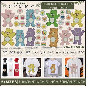 Może przedstawiać: Cyfrowy zestaw wzorów hafciarskich zatytułowany BEAR BALLY BADGES EMBROIDERY, przedstawiający różne kolorowe misie z kreskówek i małe okrągłe ikony. Zawiera 5 rozmiarów od 3 do 7 cali, 28+ wzorów oraz formaty plików takie jak PES, DST i JEF.