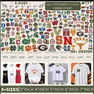Può includere: Una collezione digitale di oltre 165 ricami con loghi universitari in dimensioni da 3, 4, 5, 6 e 7 pollici. Include i formati PES, DST, EXP, JEF, XXX, VIP, EMB, SEW, PCS, ART e PEC. Esempi mostrano i loghi su grembiuli e magliette bianche.
