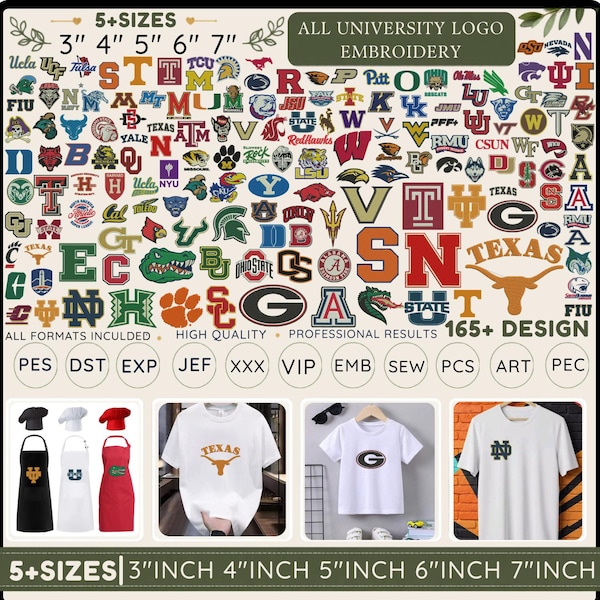 165 Universität Logos Stickerei Bundle College Logos Stickerei Maskottchen Varsity Lettering Sport Mannschaft Stickmusterdateien 5+Size Download