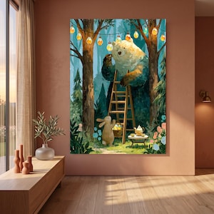 May include: A wall art print depicting a large white bear standing in a forest, reaching toward a string of glowing hanging lights. A wooden ladder leans against the bear, while a small rabbit stands nearby next to a tea set on a table.