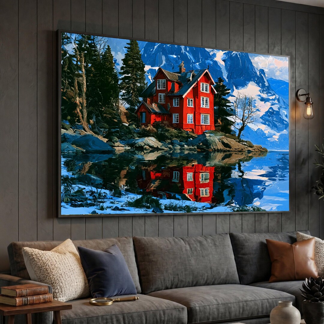 Montagnes Rouges France Toile Cabane rouge par lac de montagne, oeuvre d'art murale paysage ...