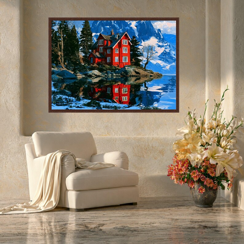 Montagnes Rouges France Toile Cabane rouge par lac de montagne, oeuvre d'art murale paysage ...