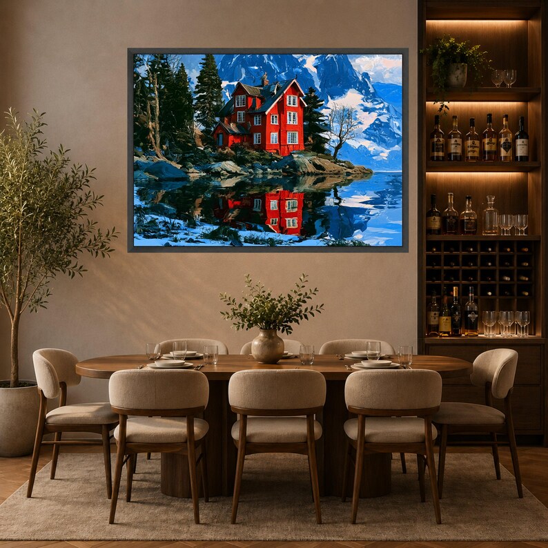 Montagnes Rouges France Toile Cabane rouge par lac de montagne, oeuvre d'art murale paysage ...