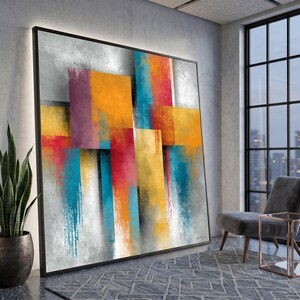 Arte de parede em tela abstrata geométrica colorida, formas retangulares modernas, decoração vibrante para casa, tela contemporânea para sala de estar.