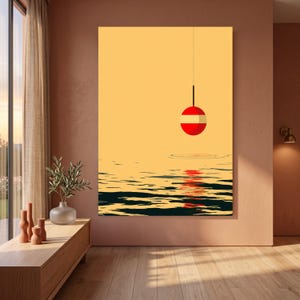 Lienzo minimalista con flotador de pesca, arte mural con flotador rojo sobre el agua, escena tranquila del lago, decoración costera moderna, lienzo con temática náutica.
