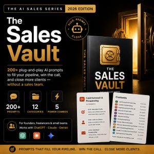May include: A black book titled "The Sales Vault" with gold lettering and a vault door graphic. The cover text includes "200+ plug-and-play AI prompts" and "2026 Edition." The book is part of "The AI Sales Series."