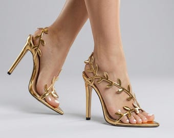 Gold Leaf Stiletto Heels | Strappy Vine Sandals | Elegant Evening Party Shoes