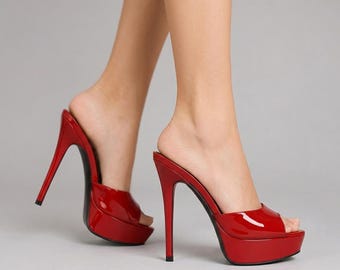 Mules vernies rouges à plateforme | Sandales à talons aiguilles à bout ouvert | Chaussures de soirée