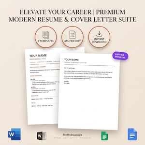 May include: A digital resume and cover letter template suite featuring the text ELEVATE YOUR CAREER | PREMIUM MODERN RESUME & COVER LETTER SUITE, 3 TEMPLATES, ATS-FRIENDLY, INSTANT DOWNLOAD, and EDITABLE WORD FILE. Includes document layouts.