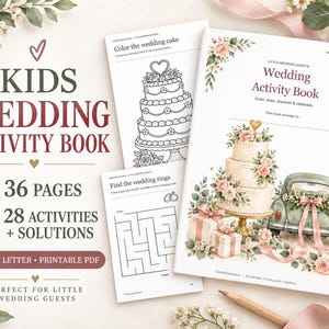 Peut inclure: Un livre d'activités de mariage pour enfants à imprimer comprenant 36 pages et 28 activités. La couverture présente un gâteau à trois étages, une voiture ancienne décorée de fleurs et le texte Wedding Activity Book. Formats A4 et US Letter.