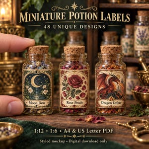 May include: Three clear glass miniature bottles with cork stoppers, each featuring a decorative label. The labels display illustrations of a crescent moon, a red rose, and a red dragon, with the text Moon Dew, Rose Petals, and Dragon Ember.