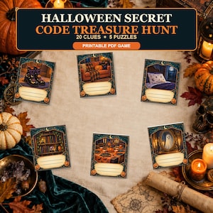 May include: A Halloween Secret Code Treasure Hunt printable PDF game featuring 20 clues and 5 puzzles. The set includes five rectangular cards with dark teal borders, each displaying a different spooky scene and blank lines for writing answers.