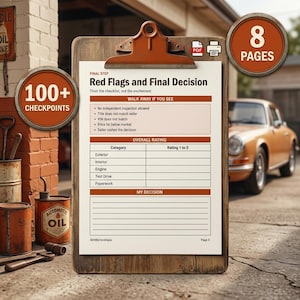 May include: A wooden clipboard holding a document titled Final Step Red Flags and Final Decision. The page includes a checklist for car inspections, an overall rating table for five categories, and a section for my decision. It is 8 pages total.