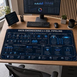 May include: A large rectangular desk mat featuring a dark blue technical diagram titled DATA ENGINEERING & SQL PIPELINE. The print includes detailed charts on ETL pipelines, SQL join operations, data warehouses, Python libraries, and big data file formats.