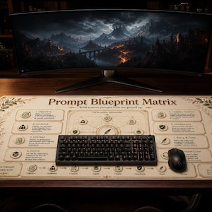 May include: A rectangular desk mat featuring a cream-colored surface with the printed text Prompt Blueprint Matrix and a detailed guide for prompt engineering. A black mechanical keyboard and a black computer mouse rest on the mat.