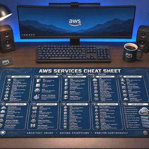 May include: A rectangular desk mat featuring a dark blue background with a white circuit board pattern and the text AWS SERVICES CHEAT SHEET. It displays ten numbered categories of Amazon Web Services with icons and descriptions for each service.