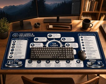 Alfombrilla de escritorio con heurísticas sobre leyes de UX / Principios de comportamiento, Referencia de diseño intuitivo, Herramienta para diseñadores de UX