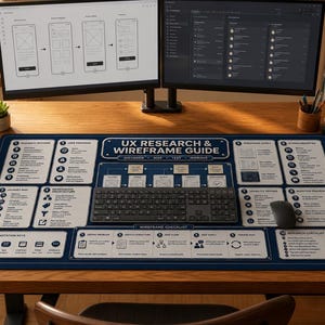 Puede incluir: Una alfombrilla de escritorio rectangular grande con fondo azul oscuro, texto blanco y diagramas titulados UX Research & Wireframe Guide. La alfombrilla incluye secciones para métodos de investigación, personas de usuario y una lista.