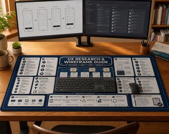 Guía de wireframes para investigación de UX, alfombrilla de escritorio / diseño 3D en modo oscuro, referencia para diseñadores de UX
