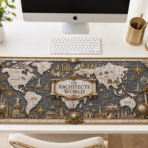 May include: A rectangular desk mat featuring a detailed world map with a textured, stone-like appearance. The center displays a decorative scroll with the text "THE ARCHITECTS WORLD" in gold lettering, surrounded by illustrations of global landmarks.