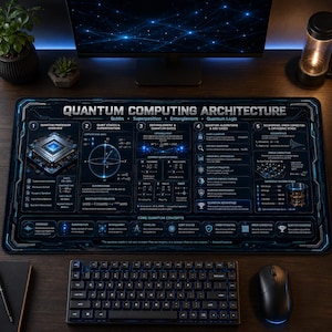 Può includere: Un tappetino da scrivania rettangolare con un diagramma dettagliato in blu scuro e bianco intitolato Quantum Computing Architecture. La stampa include cinque sezioni numerate su panoramica del processore, stati dei qubit, porte e algoritmi.