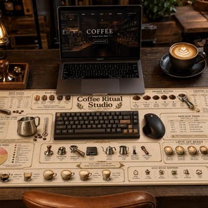 Puede incluir: Una alfombrilla de escritorio rectangular grande con superficie color crema, ilustraciones negras detalladas y el texto Coffee Ritual Studio. Incluye diagramas sobre proporciones de preparación, sabores y equipo de café.