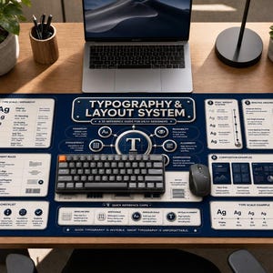 Może przedstawiać: Prostokątna, ciemnoniebieska podkładka na biurko z biało-jasnoniebieskim przewodnikiem po typografii i systemach układu strony. Podkładka zawiera sekcje dotyczące skali pisma, zasad wyrównywania tekstu oraz przykłady kompozycji graficznych.