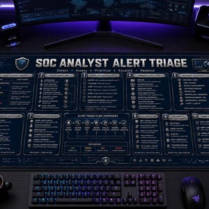 Puede incluir: Una alfombrilla de escritorio rectangular con fondo azul oscuro, texto técnico blanco e iconos titulada SOC ANALYST ALERT TRIAGE. El diseño incluye diez secciones numeradas que detallan flujos de trabajo y procedimientos de triaje.