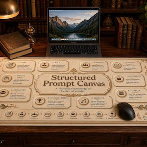 May include: A rectangular desk mat featuring a beige background with ornate borders and the text Structured Prompt Canvas. It includes ten numbered sections with icons and descriptions for AI prompting, plus a bottom flow chart and a black computer mouse.