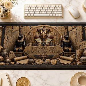 Könnte beinhalten: Eine rechteckige Schreibtischunterlage mit einer detaillierten ägyptischen Illustration, die eine goldene Pharaonenmaske in der Mitte zeigt, flankiert von zwei schwarzen Schakalstatuen, Steinsäulen und Töpferwaren, mit dem lateinischen Text HISTORIA EST MAGISTRA VITAE.