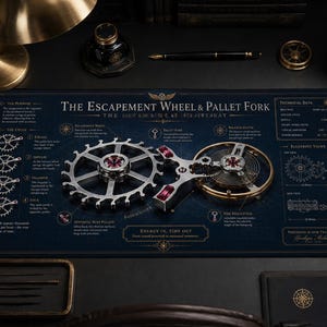 Puede incluir: Una alfombrilla de escritorio azul oscuro con un diagrama técnico titulado The Escapement Wheel & Pallet Fork. El gráfico muestra una rueda de escape plateada, un áncora con rubíes sintéticos rojos y un volante con detalles dorados.
