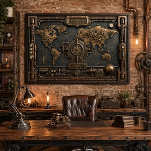 Könnte beinhalten: Ein rechteckiges Wandbild, das eine Weltkarte mit einer metallisch bronzefarbenen und dunkelblauen Oberfläche zeigt. Die Karte ist von kupferfarbenen Rohren, Zahnrädern und Anzeigen umrahmt, mit dem Text "STEAMPUNK WORLD MAP" oben in der Mitte.