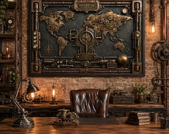 Mapa del mundo Steampunk en lienzo 3D / Decoración de ingeniería de relojería industrial