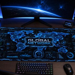 May include: A rectangular desk mat featuring a dark blue and black world map design with glowing light blue circuit board patterns. The text GLOBAL NETWORK is printed in the center, surrounded by various digital interface graphics and data charts.