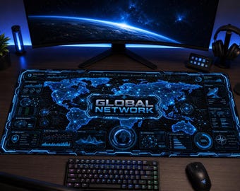 Alfombrilla de escritorio para red global / Mapa mundial digital azul neón, bloc de datos para profesionales de la tecnología