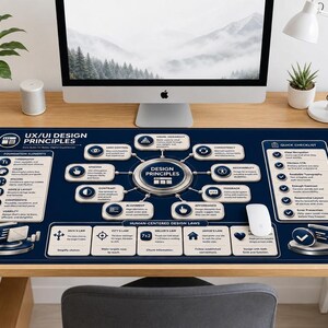 May include: A dark blue desk mat featuring a comprehensive UX/UI design principles infographic. The layout includes sections for foundation elements, human-centred design laws, and a quick checklist, all presented with clear icons and text.