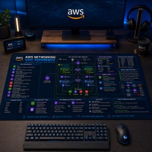 May include: A dark blue desk mat featuring an AWS Networking VPC Reference guide with technical diagrams, flowcharts, and text detailing VPC components, architecture, subnet types, and security best practices, laid out on a desk with a keyboard and mouse.