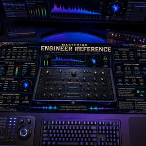 May include: A rectangular desk mat featuring a dark blue and black design with gold accents. The mat displays technical audio mastering information, including charts, signal flow diagrams, and the text Mastering Engineer Reference.