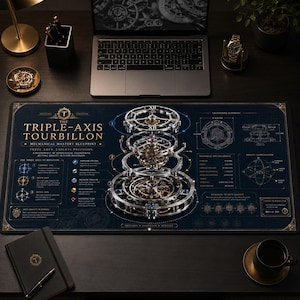 Puede incluir: Una alfombrilla de escritorio rectangular con un plano técnico detallado de un movimiento de reloj tourbillon de triple eje. El fondo azul oscuro muestra componentes mecánicos plateados y dorados, especificaciones técnicas y el texto The Triple-Axis Tourbillon.