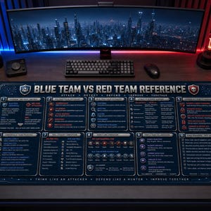 May include: A rectangular desk mat featuring a dark blue background with white and red text titled BLUE TEAM VS RED TEAM REFERENCE. The mat displays ten numbered sections detailing cybersecurity strategies, attack and defense tactics, and team collaboration workflows with various icons and technical terminology.