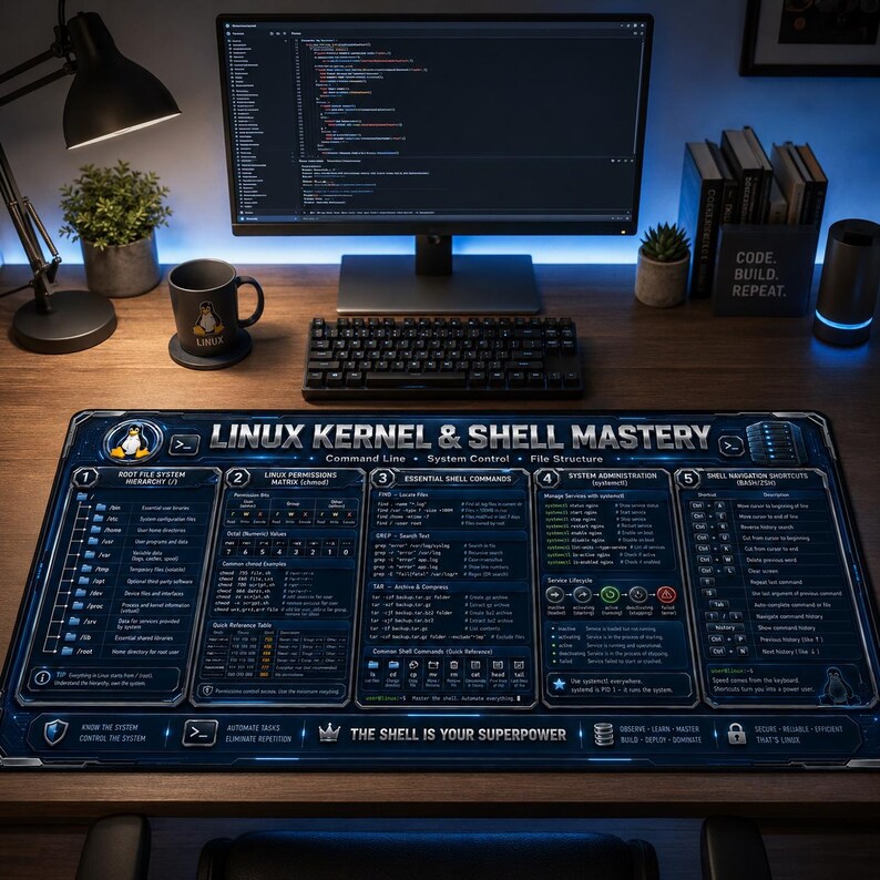 以下が含まれることがあります： Linux Kernel & Shell Masteryというタイトルのダークブルーの技術的なデザインが施された大きな長方形のデスクマット。ファイルシステム階層、権限、シェルコマンド、システム管理、ナビゲーションショートカットに関する詳細なチャートが表示されています。