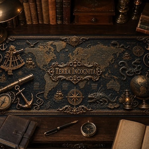 May include: A rectangular desk mat featuring a dark, textured world map with the text "Terra Incognita" in a central ornate frame. The design includes golden illustrations of a sextant, telescope, anchor, compass, globe, and sea creatures.