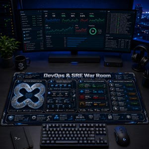 May include: A large rectangular desk mat featuring a dark blue and black technical design titled DevOps & SRE War Room. The mat displays detailed diagrams of CI/CD pipelines, container orchestration, monitoring signals, and incident response workflows.
